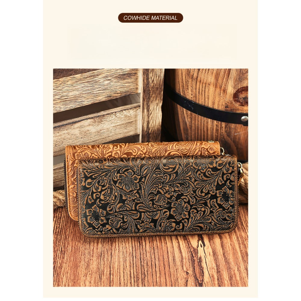 Men's Long Wallet with Floral Embossing, Cowhide Leather