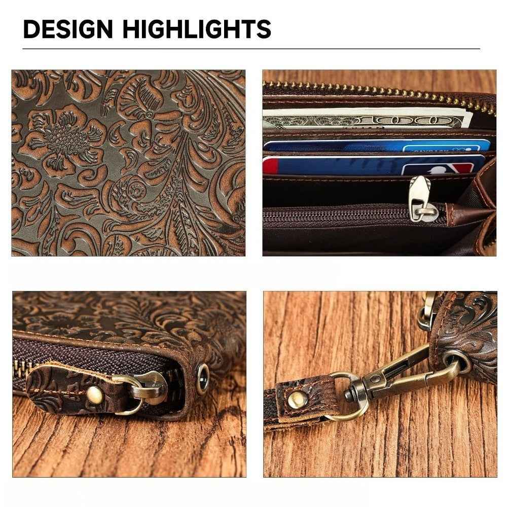 Men's Long Wallet with Floral Embossing, Cowhide Leather