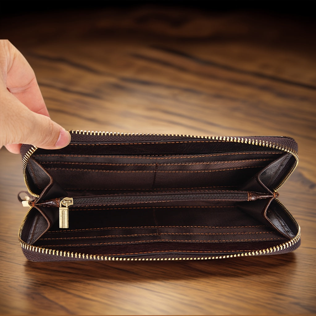 Men's Long Zippered Wallet in Dark Brown Cowhide