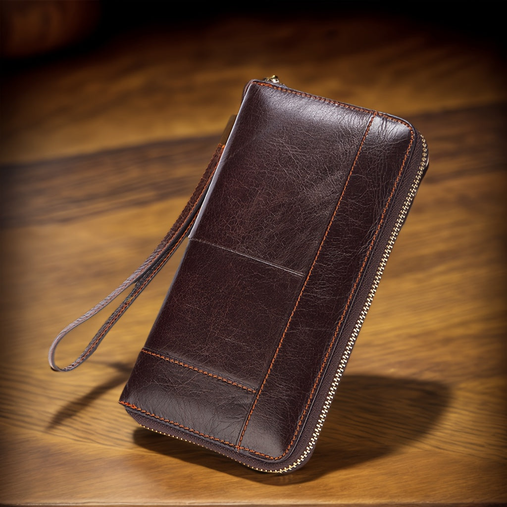 Men's Long Zippered Wallet in Dark Brown Cowhide