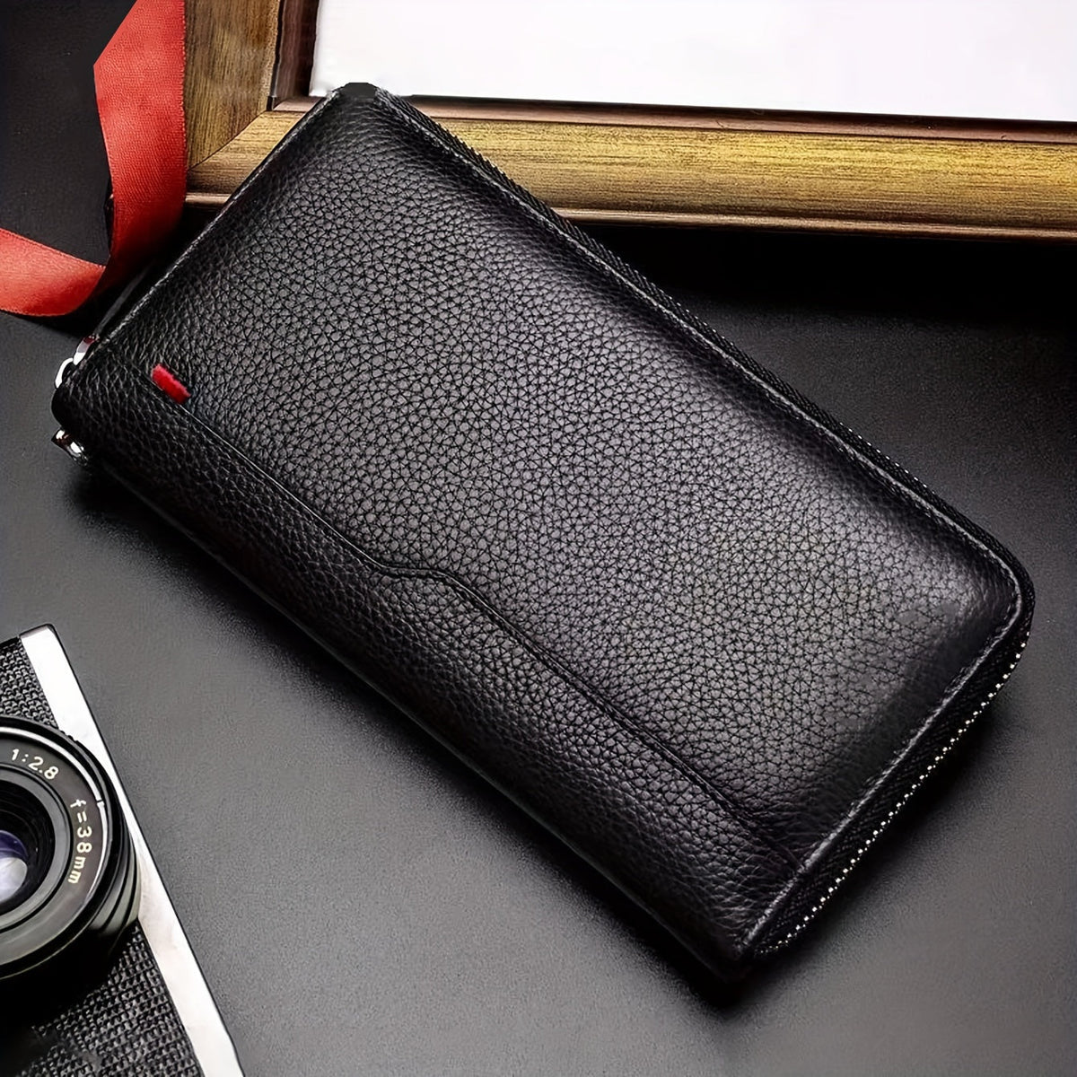 Men's Long Zippered Wallet Black, 27 Card Slots Accordion