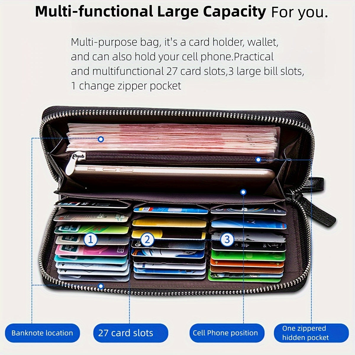 Men's Long Zippered Wallet Black, 27 Card Slots Accordion Image
