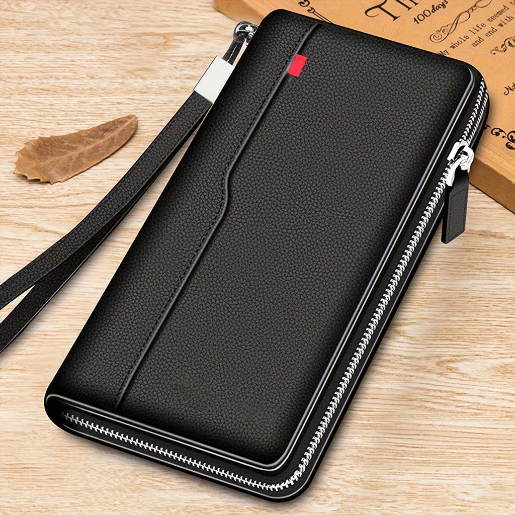 Men's Long Zippered Wallet Black, 27 Card Slots Accordion