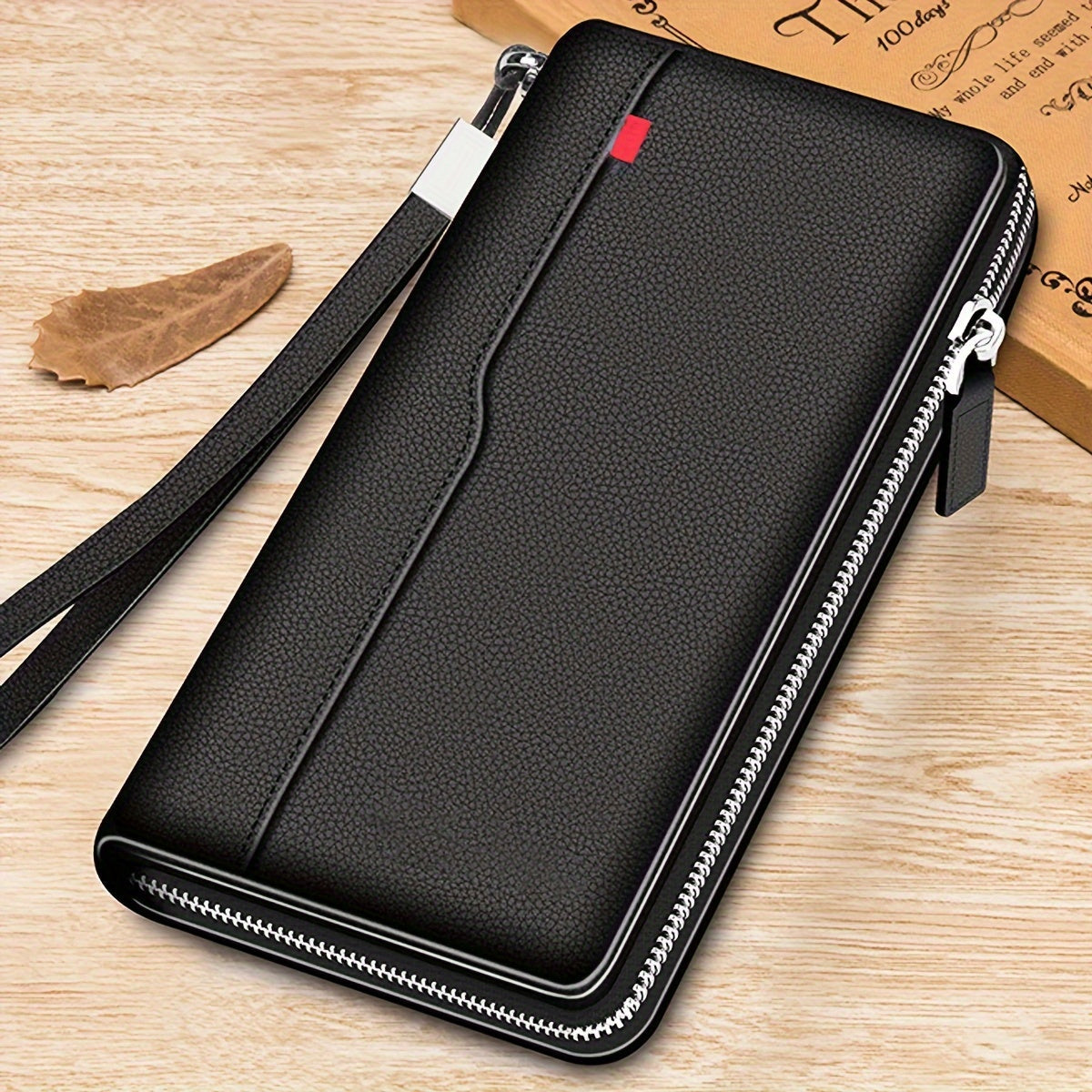 Men's Long Zippered Wallet Black, 27 Card Slots Accordion