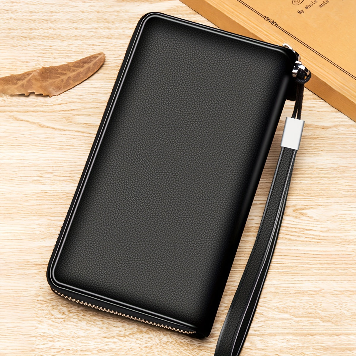 Men's Long Zippered Wallet Black, 27 Card Slots Accordion