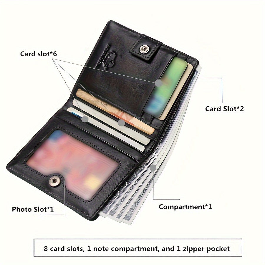 Men's Mini Cowhide Leather Wallet, 8 Card Slots