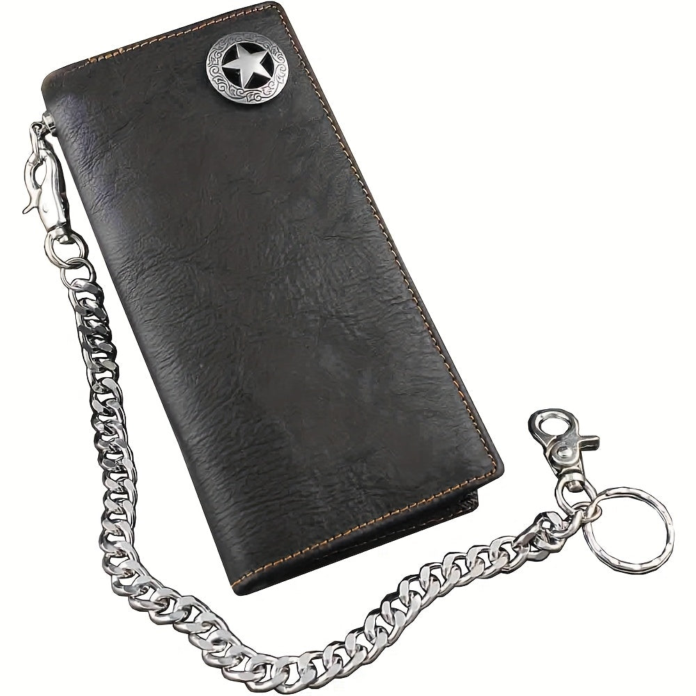Men's Black Leather Biker Wallet 18.5 cm, Star Concho