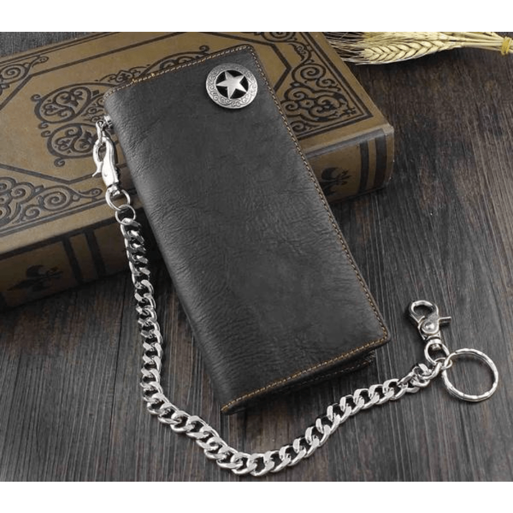 Men's Black Leather Biker Wallet 18.5 cm, Star Concho