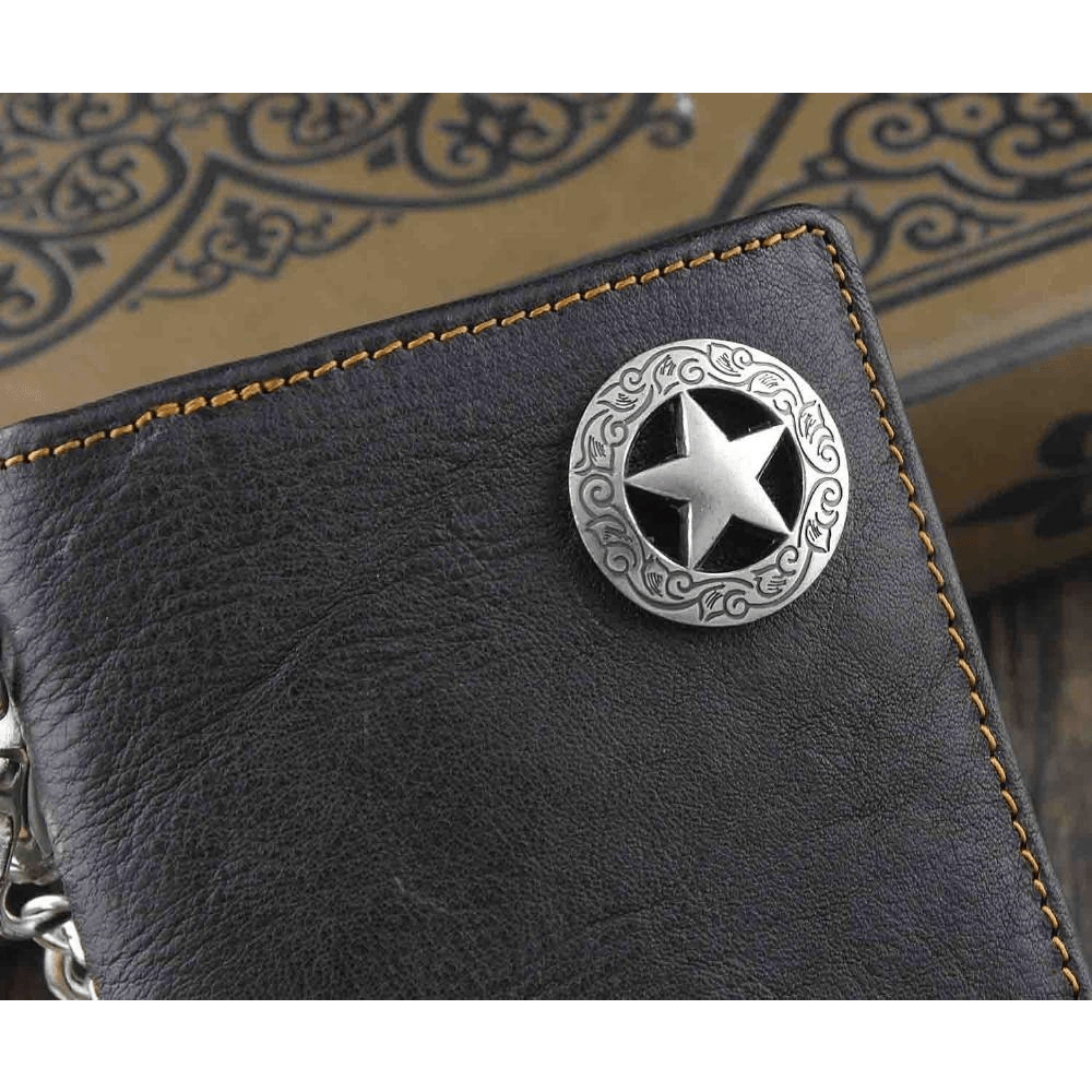 Men's Black Leather Biker Wallet 18.5 cm, Star Concho