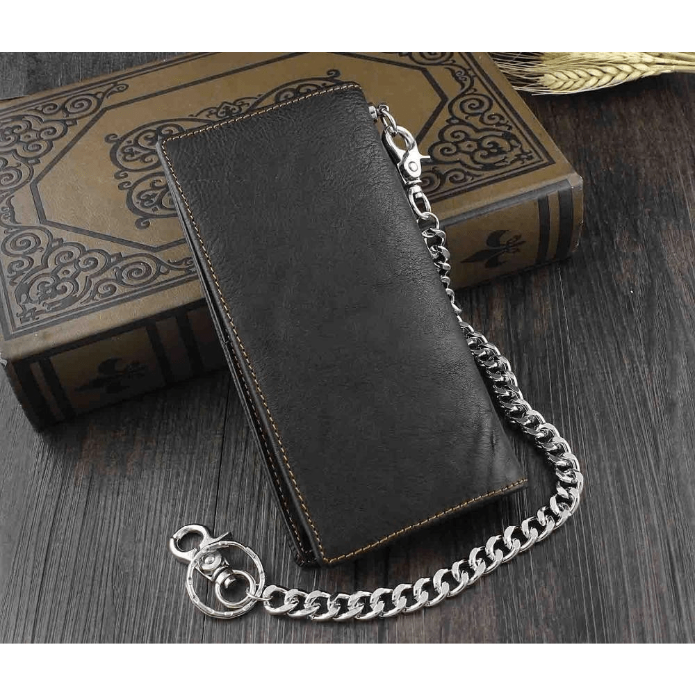 Men's Black Leather Biker Wallet 18.5 cm, Star Concho