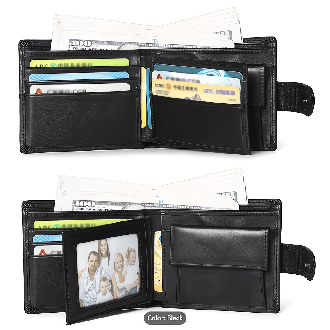 Black Cowhide Men's Wallet with Rotating Photo Flap