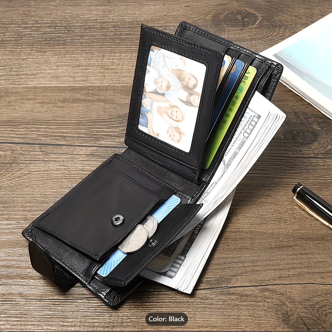 Black Cowhide Men's Wallet with Rotating Photo Flap