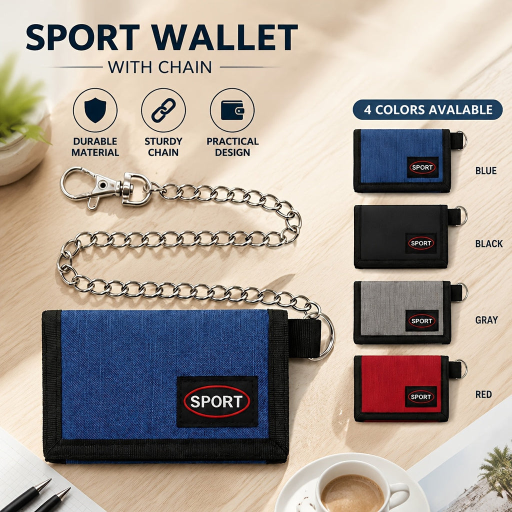 Men's Nylon Trifold Wallet with Chain and Carabiner