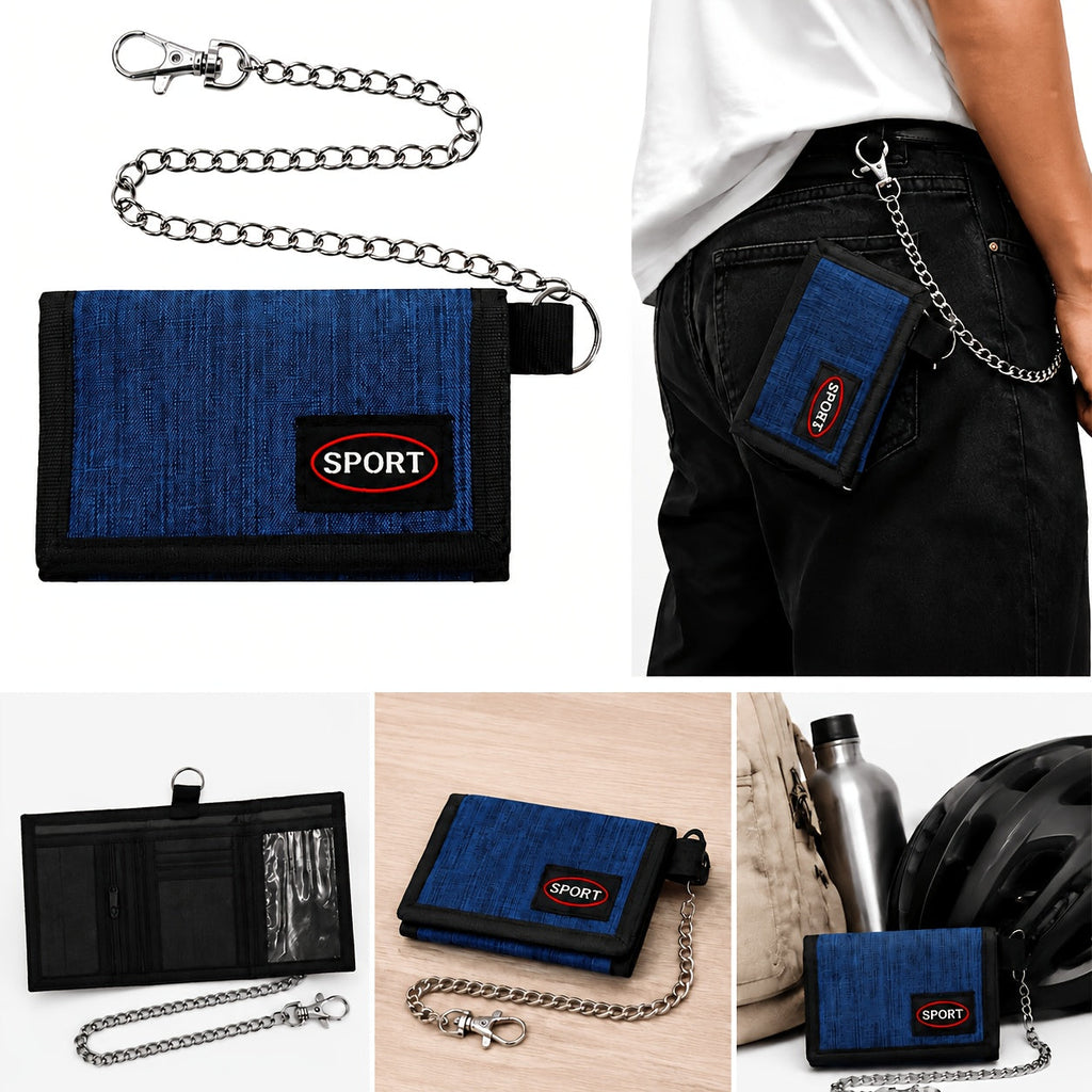 Men's Nylon Trifold Wallet with Chain and Carabiner