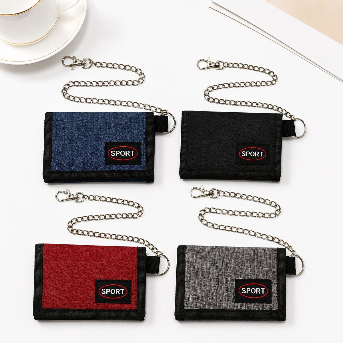 Men's Nylon Trifold Wallet with Chain and Carabiner