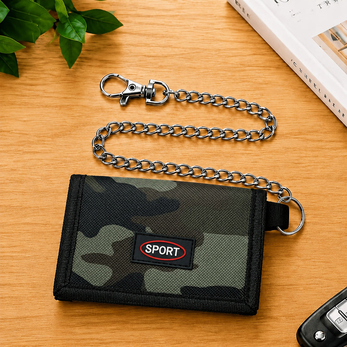 Men's Nylon Trifold Wallet with Chain and Carabiner