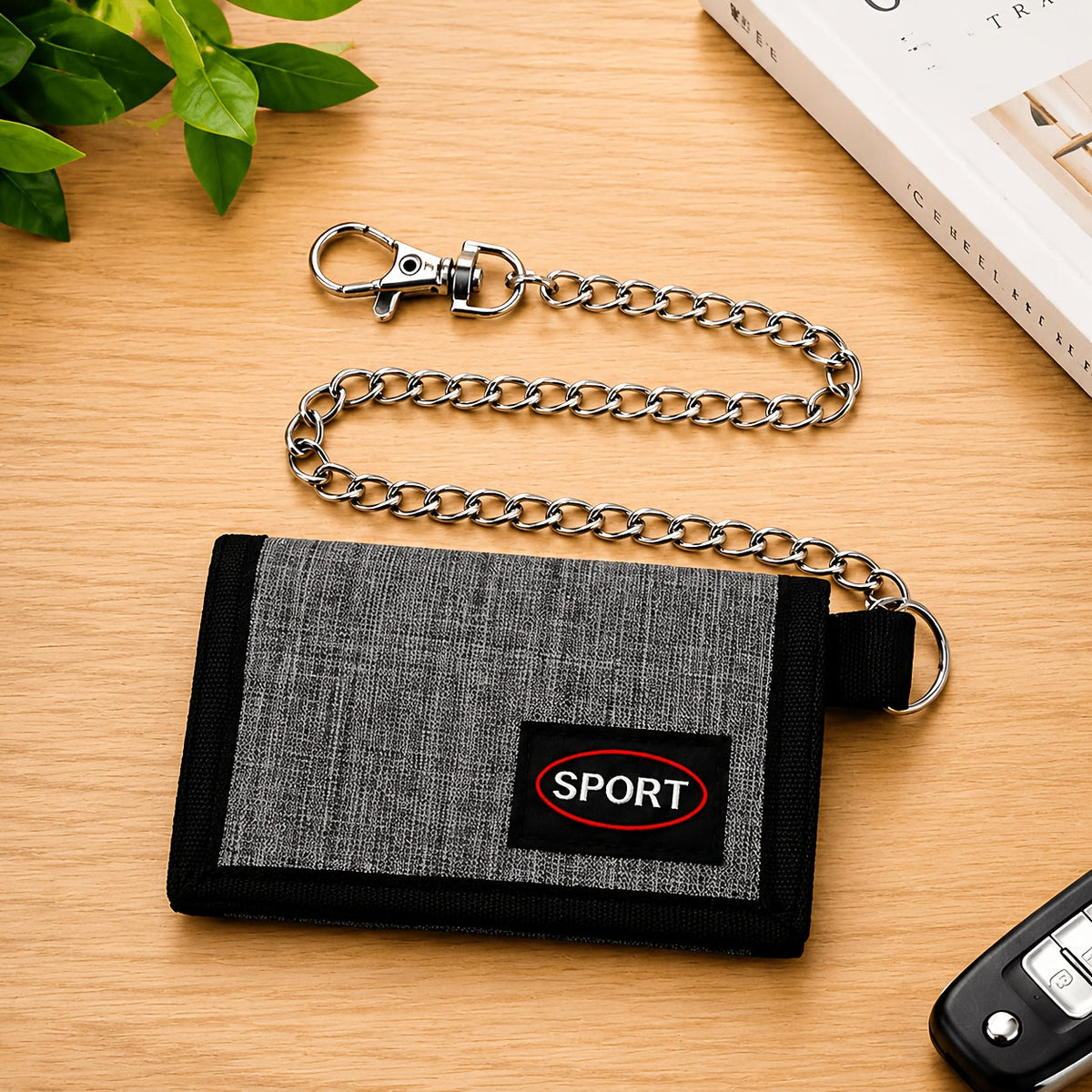 Men's Nylon Trifold Wallet with Chain and Carabiner
