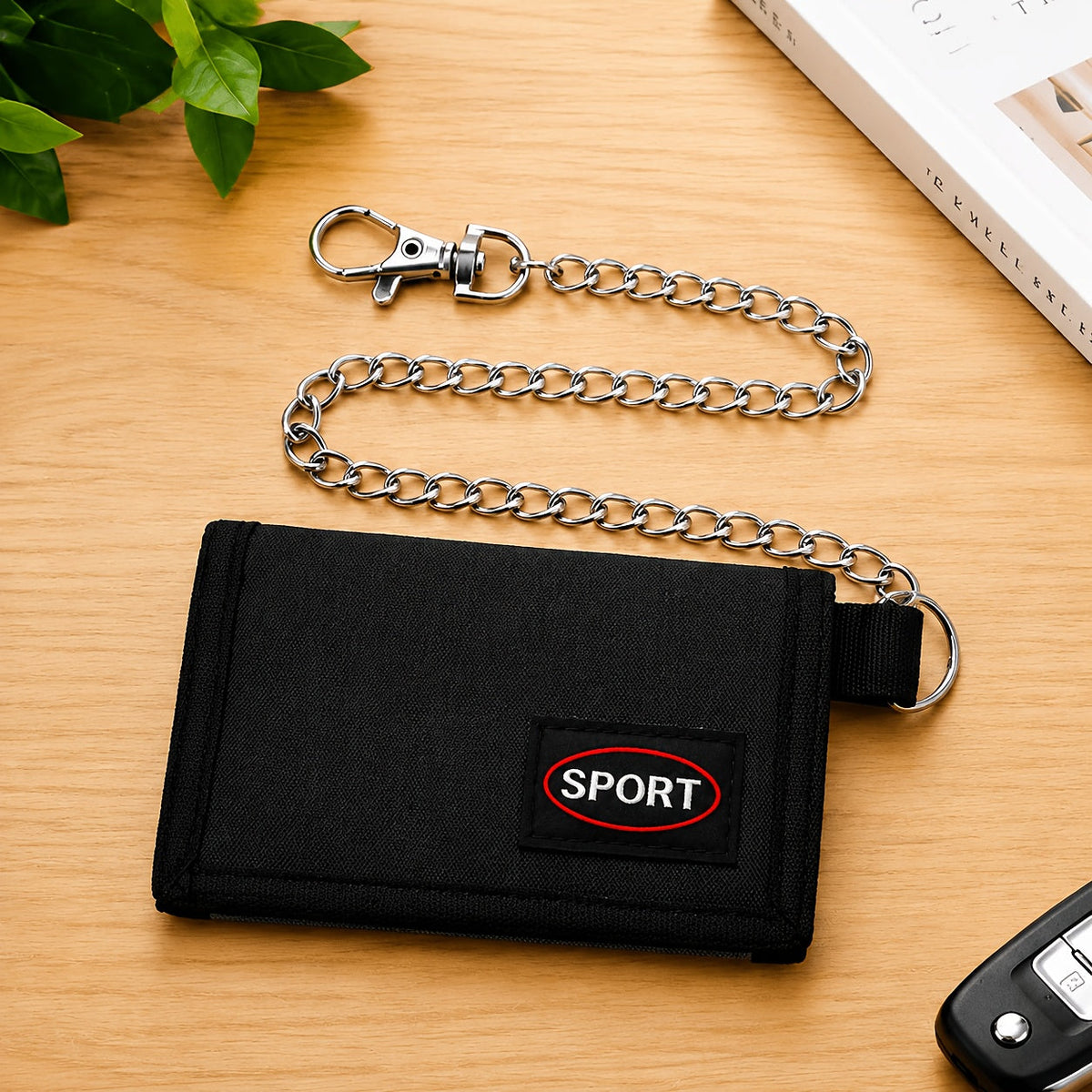 Men's Nylon Trifold Wallet with Chain and Carabiner