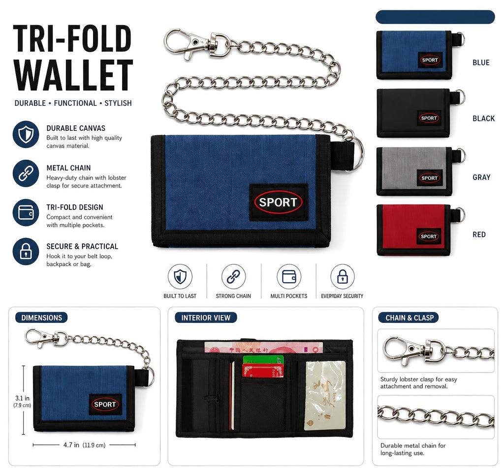 Men's Nylon Trifold Wallet with Chain and Carabiner