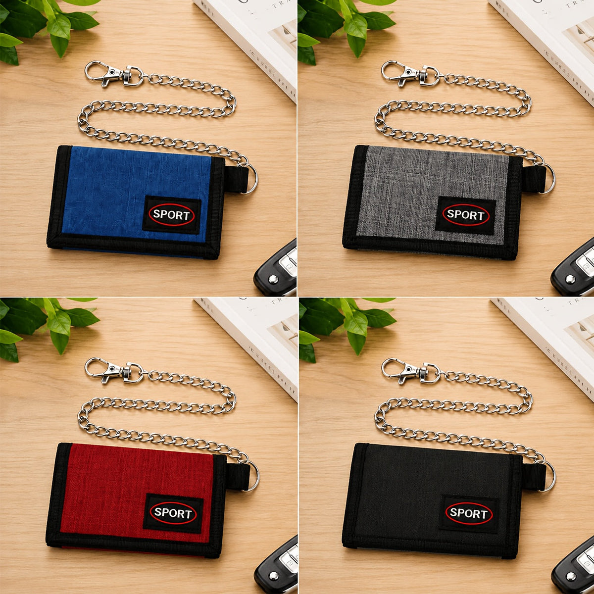 Men's Nylon Trifold Wallet with Chain and Carabiner