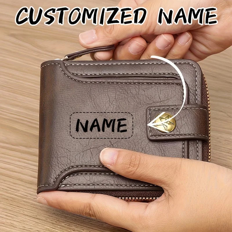 Personalized PU Men's Wallet with Zip, Compact Card Holder and Coin Pocket