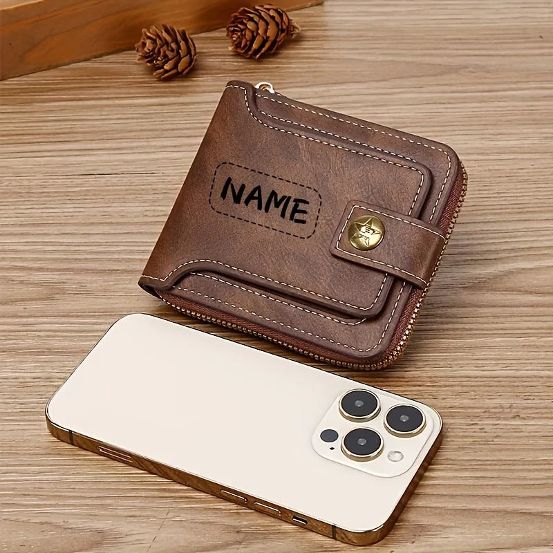 Personalized PU Men's Wallet with Zip, Compact Card Holder and Coin Pocket