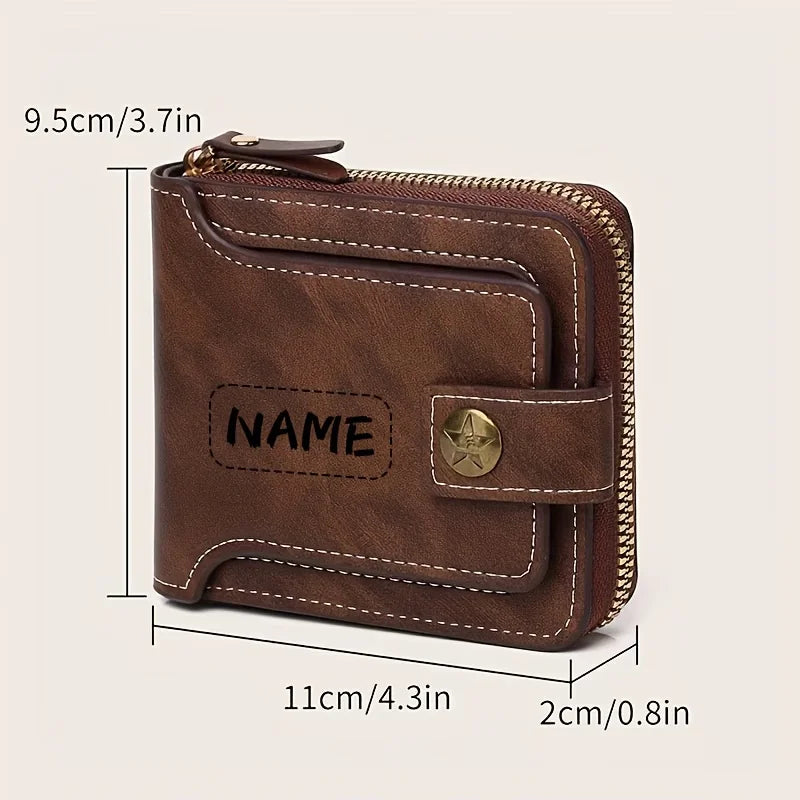 Personalized PU Men's Wallet with Zip, Compact Card Holder and Coin Pocket