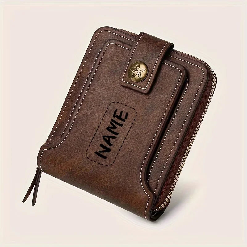 Personalized PU Men's Wallet with Zip, Compact Card Holder and Coin Pocket