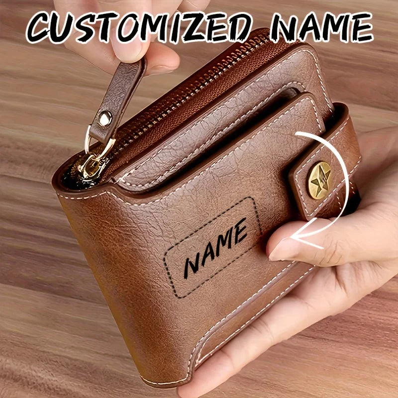 Personalized PU Men's Wallet with Zip, Compact Card Holder and Coin Pocket