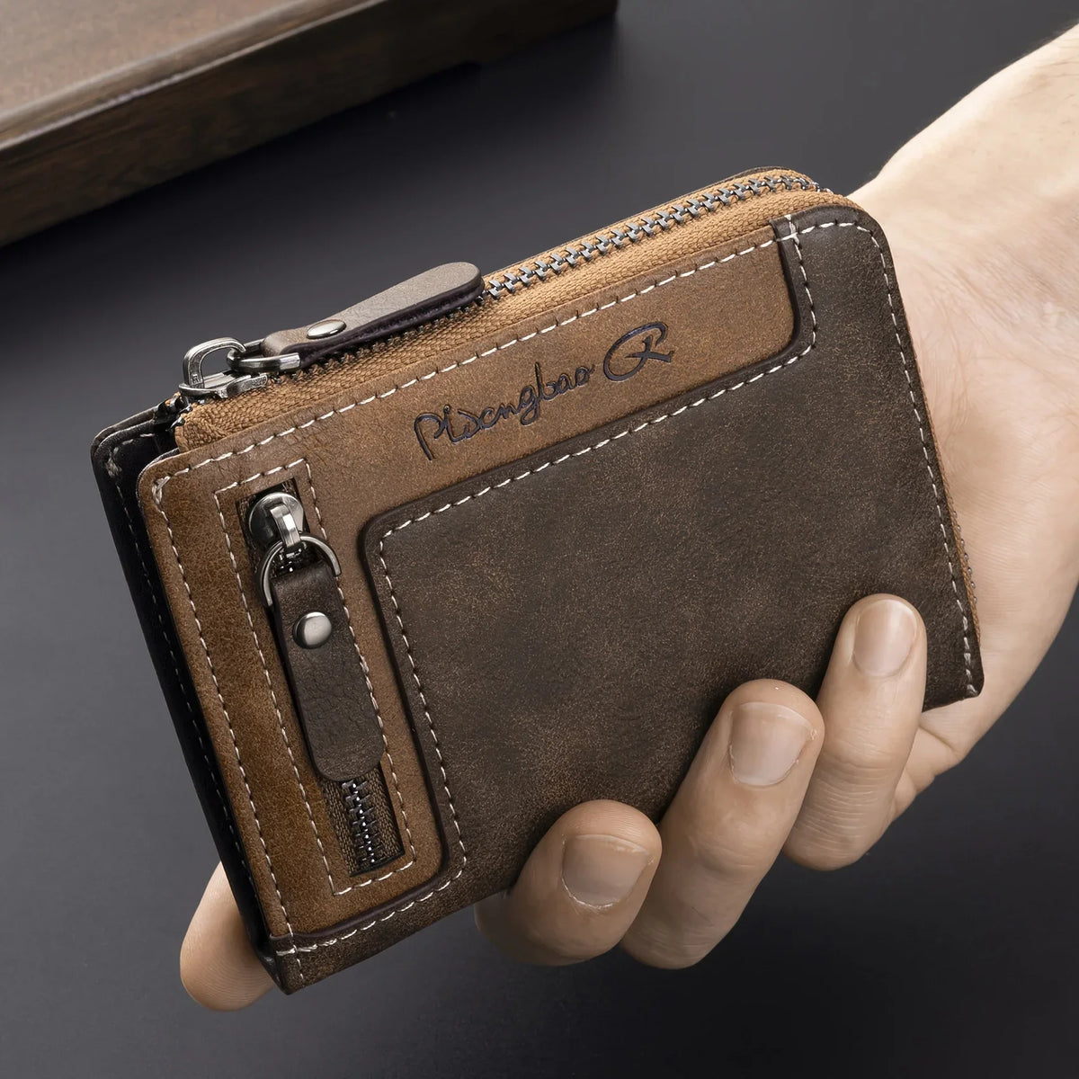 Customizable Men's PU Leather RFID Wallet with Zip and Multiple Compartments