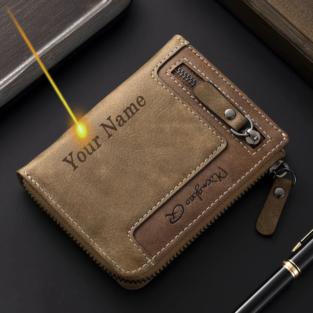 Customizable Men's PU Leather RFID Wallet with Zip and Multiple Compartments
