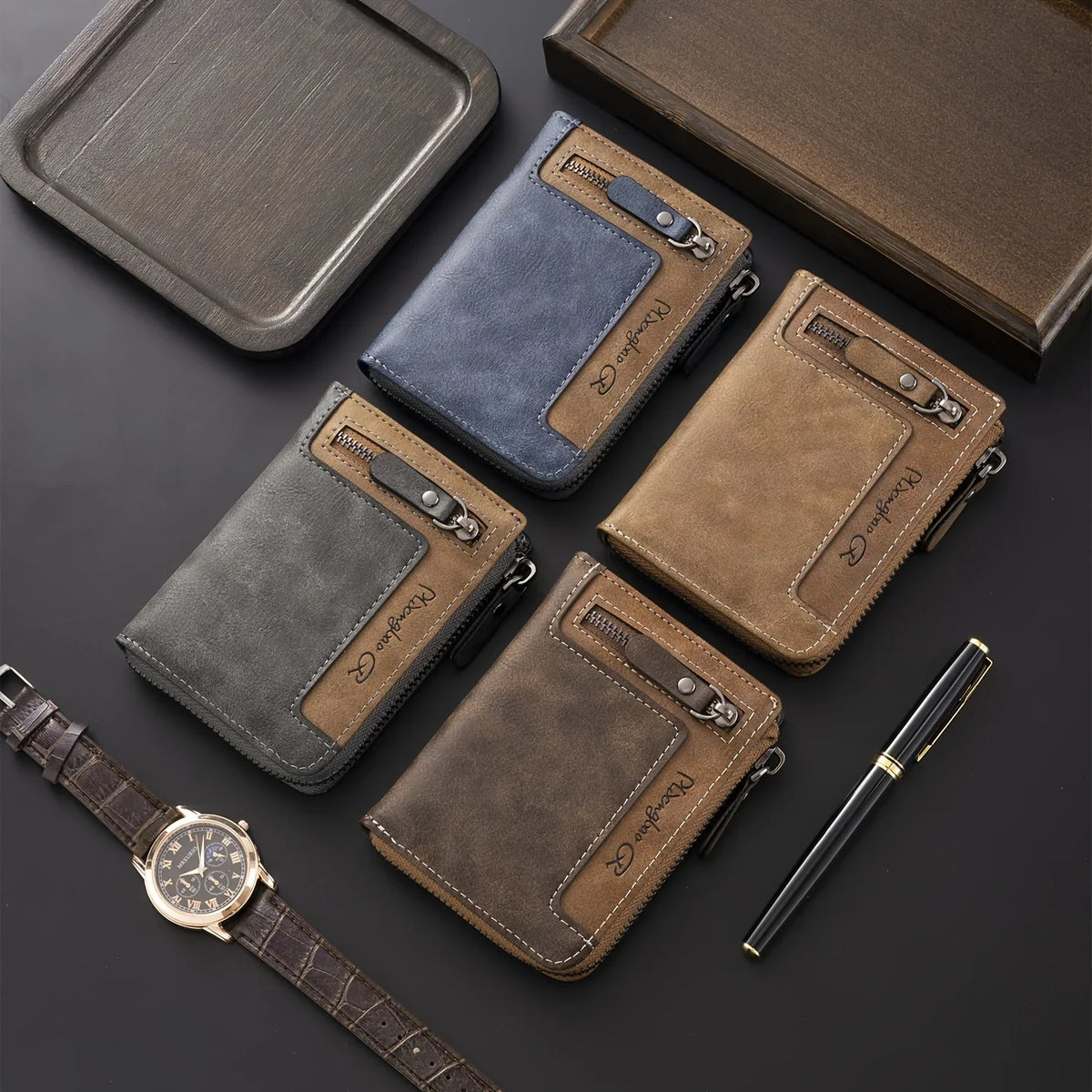 Customizable Men's PU Leather RFID Wallet with Zip and Multiple Compartments