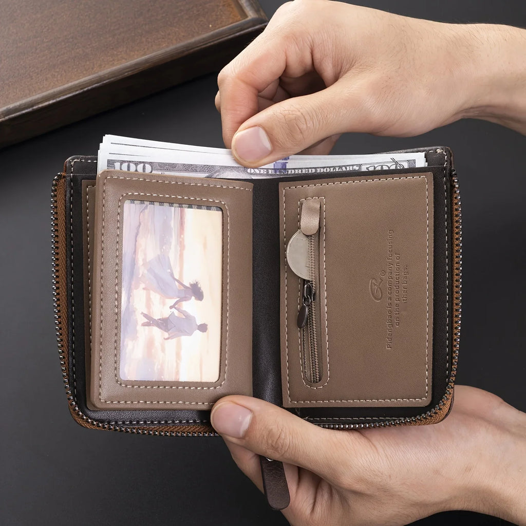 Customizable Men's PU Leather RFID Wallet with Zip and Multiple Compartments