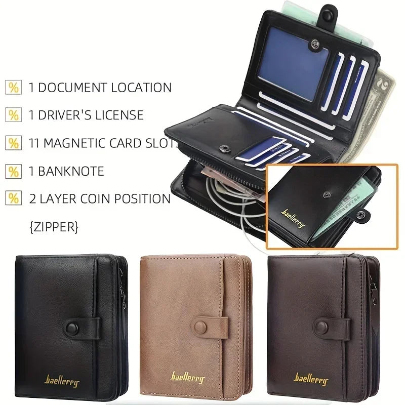 Personalized Men's PU Leather Wallet with Zip, Snap Button, and Large Compact Capacity Image