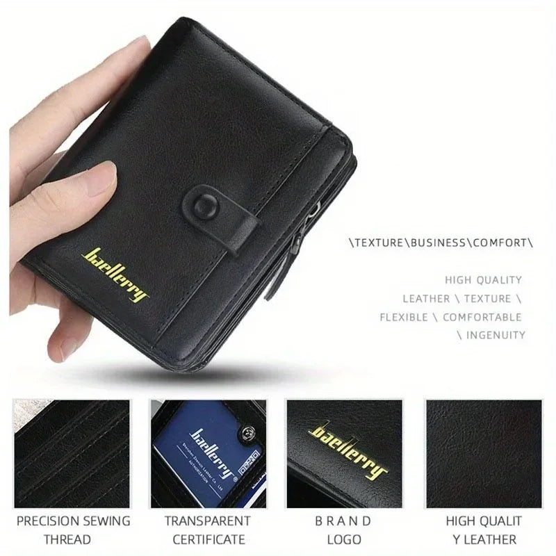 Personalized Men's PU Leather Wallet with Zip, Snap Button, and Large Compact Capacity