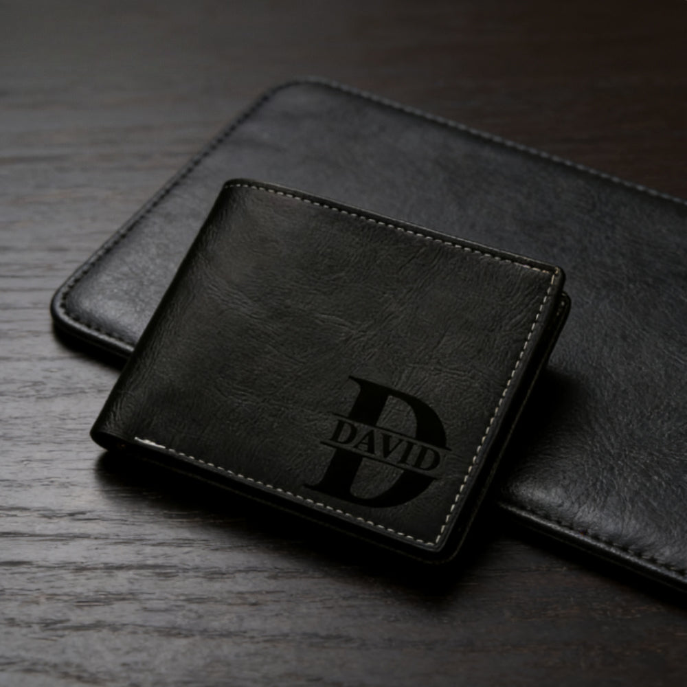 Personalized Men's Wallet Black Faux Leather with Coin Pocket