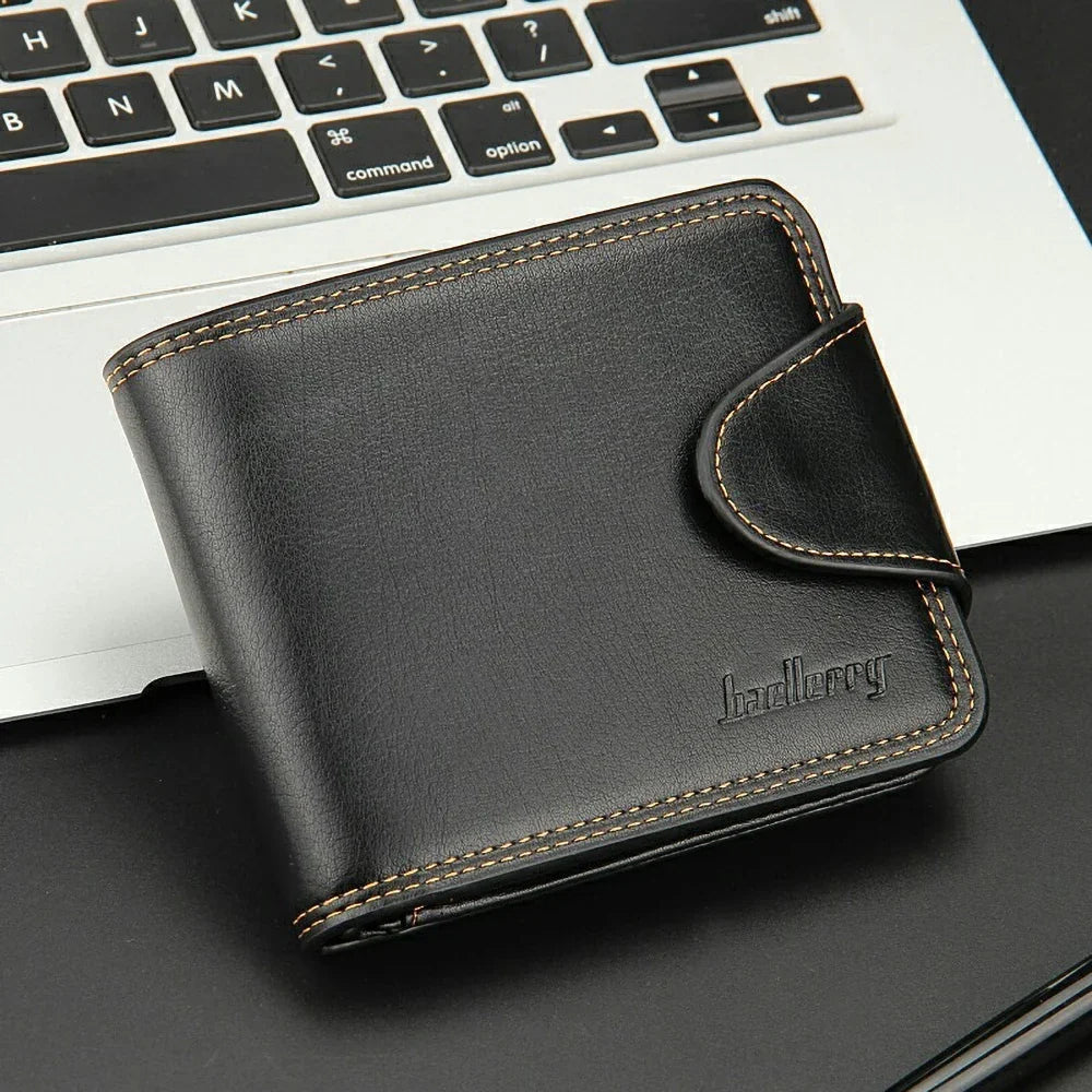 Compact RFID PU Wallet for Men with 12+ Card Slots and Snap Closure
