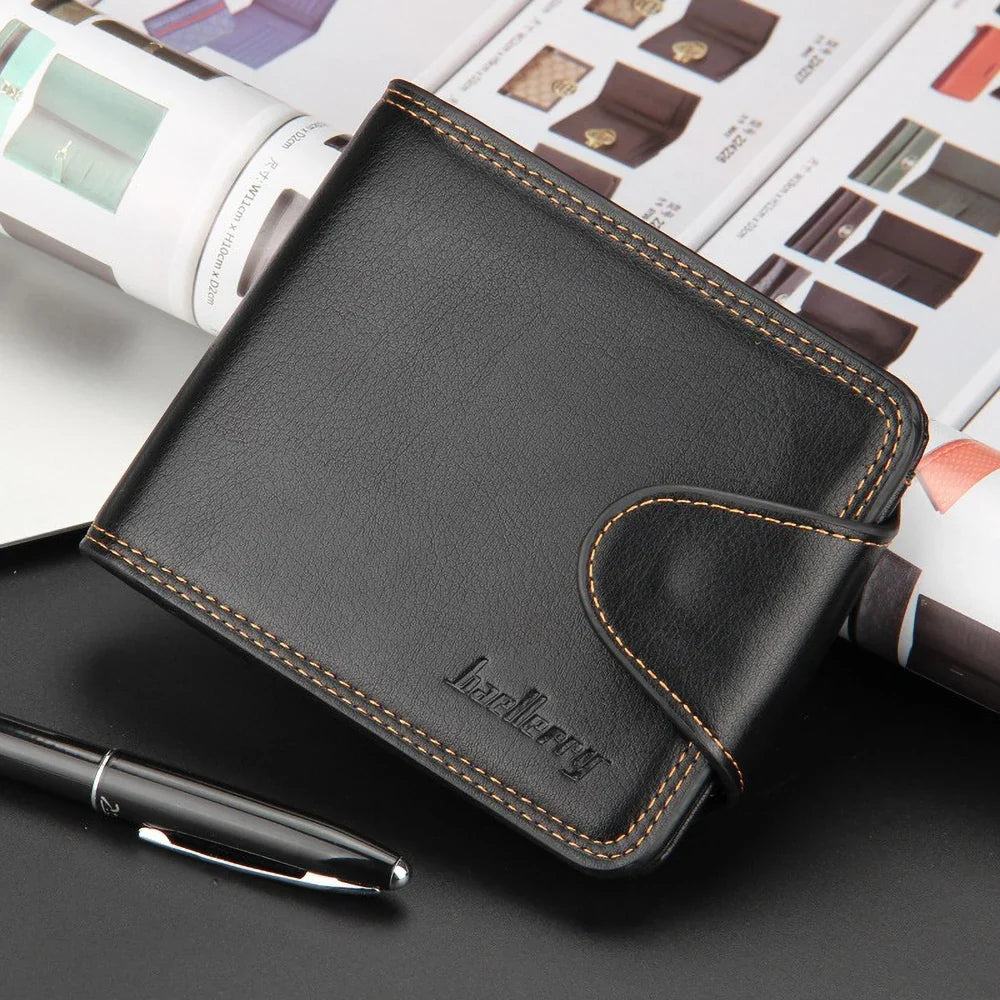 Compact RFID PU Wallet for Men with 12+ Card Slots and Snap Closure