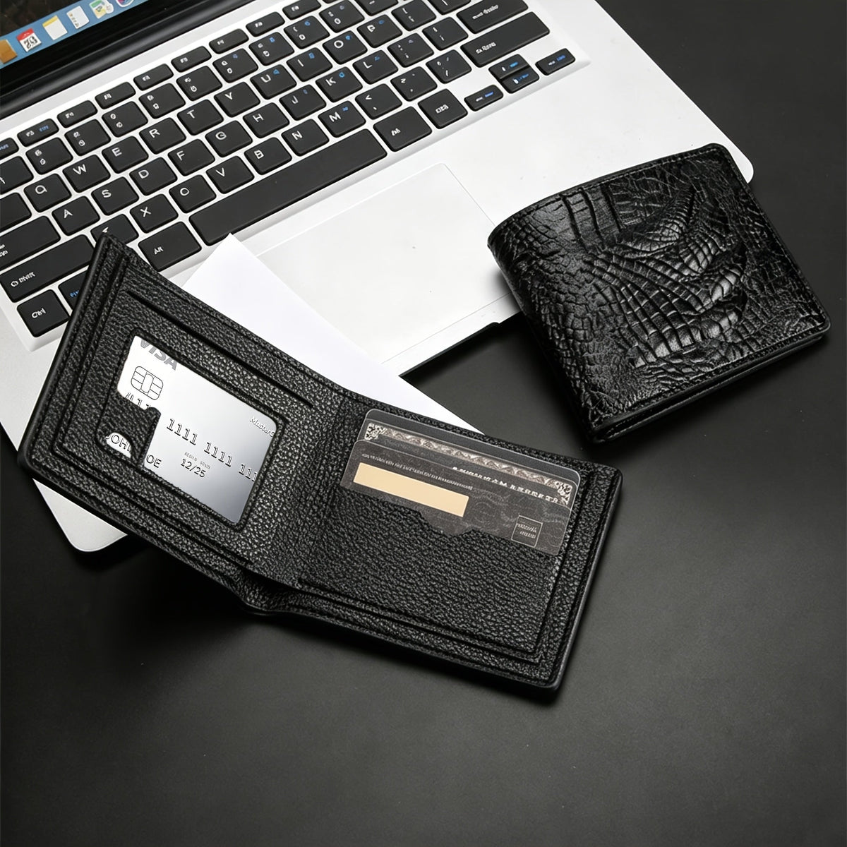 Men's Extra Slim Wallet 0.4 in, Faux Leather Crocodile Pattern