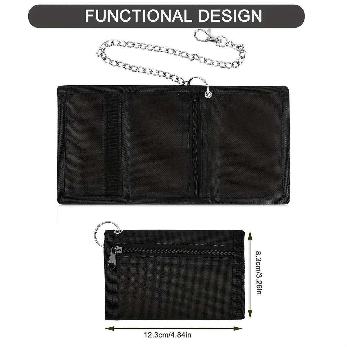 Men's Black Canvas Wallet, Tri-Fold with Chain Image