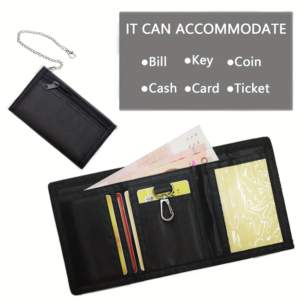 Men's Black Canvas Wallet, Tri-Fold with Chain
