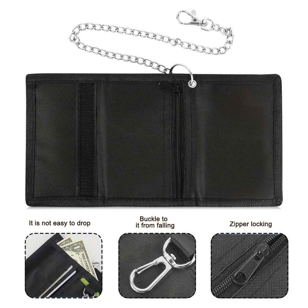 Men's Black Canvas Wallet, Tri-Fold with Chain