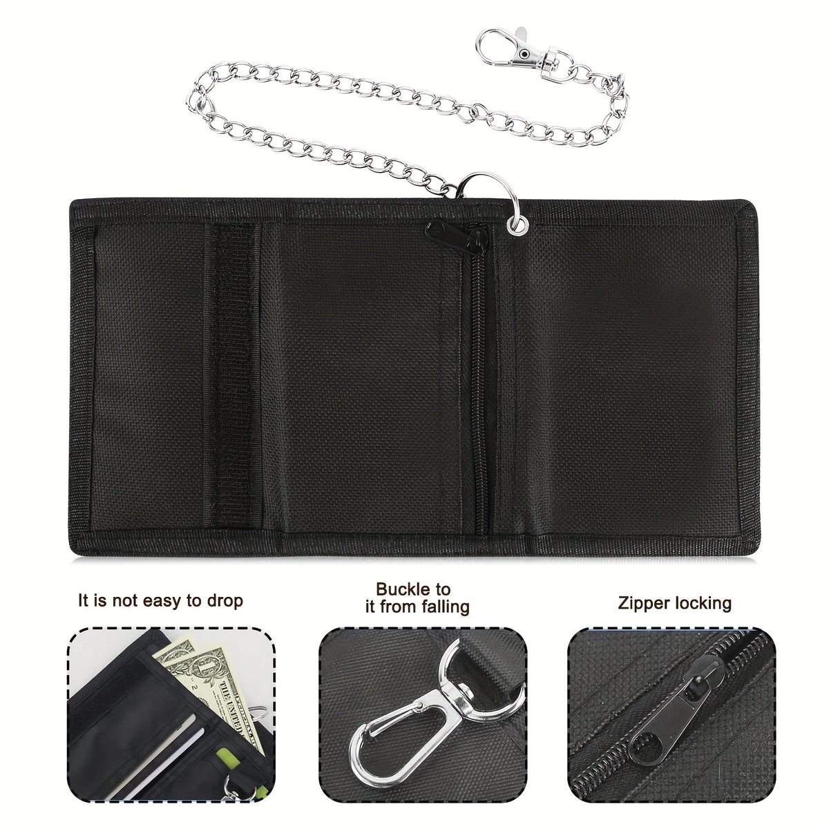 Men's Black Canvas Wallet, Tri-Fold with Chain Image