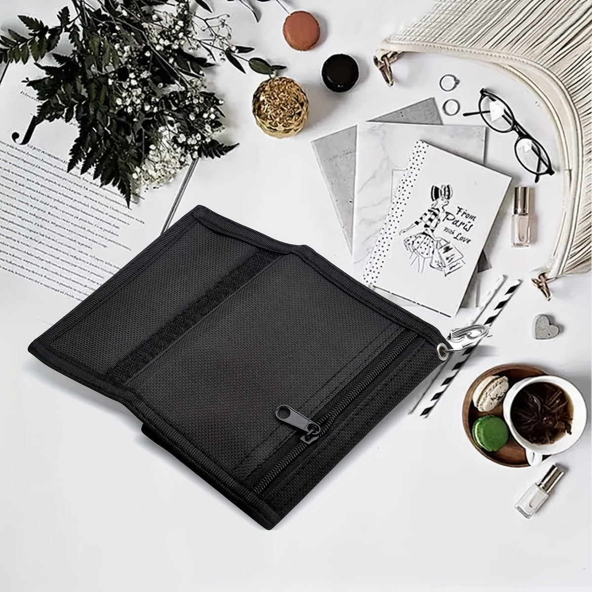 Men's Black Canvas Wallet, Tri-Fold with Chain