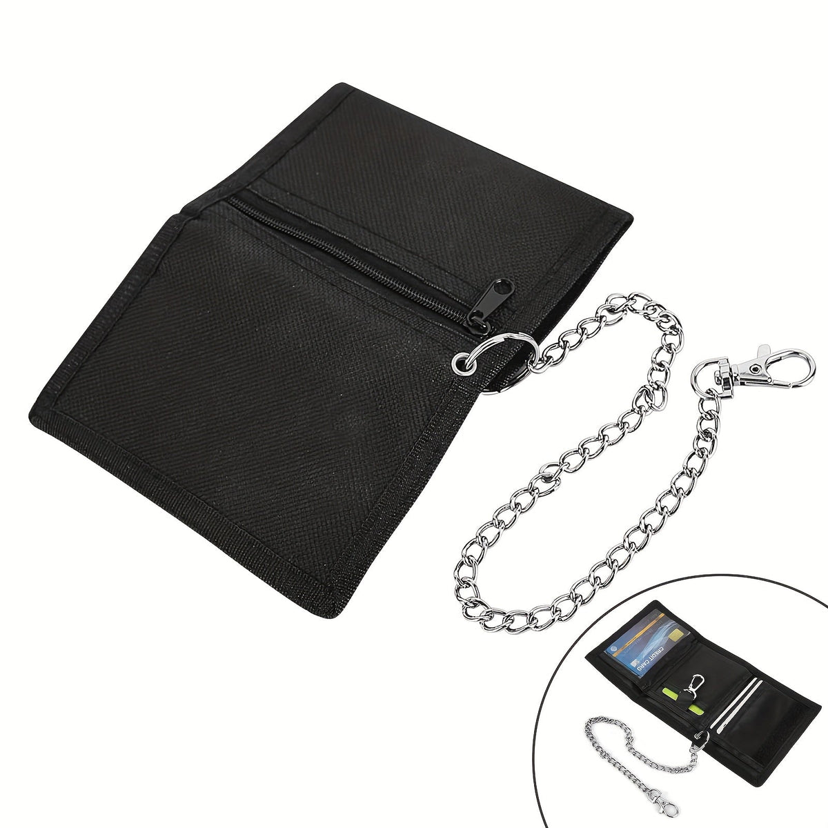 Men's Black Canvas Wallet, Tri-Fold with Chain
