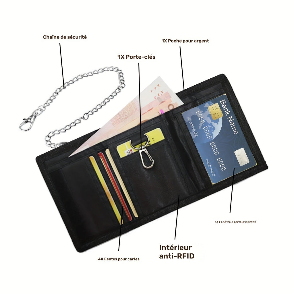 Men's Black Canvas Wallet, Tri-Fold with Chain