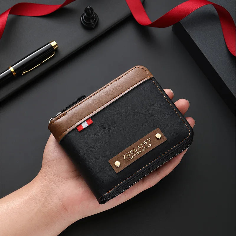 Compact Trifold Men's Wallet in Two-Tone Polyester with Card Holder and Zippered Compartment
