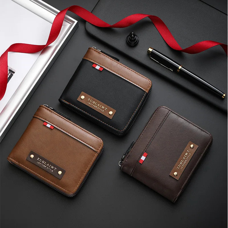 Compact Trifold Men's Wallet in Two-Tone Polyester with Card Holder and Zippered Compartment