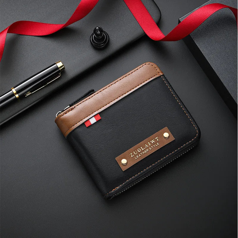 Compact Trifold Men's Wallet in Two-Tone Polyester with Card Holder and Zippered Compartment