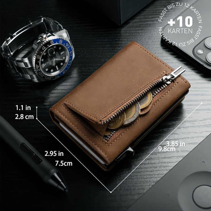 Men's Tri-Fold Wallet with Coin Zip, 9.8 x 7.5 cm